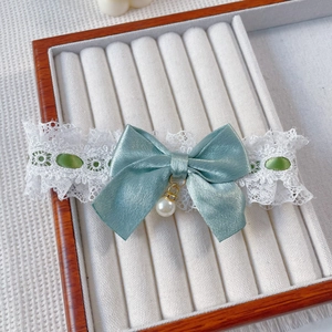 Detail of pet lace collar with light green silk bow and elegant pearl pendant