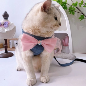 Denim Pet Dog Cat Harness And Leash With Large Mesh Bow Rhinestone Decoration Sweet Princess Style Vest For Small Dogs