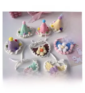 Handmade crochet pet party hat and flower bib set in pastel colors for cats and dogs