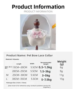 Size chart showing adjustable lace pet collar dimensions for various dog and cat weights