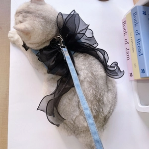 Blue denim pet harness set with large black organza bow for cats and small dogs