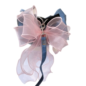 Blue denim pet harness with large pink organza bow and metal D-ring for small dogs