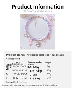 Size chart showing iridescent pearl pet necklaces for cats and small dogs in XS to L