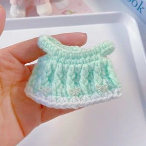 Handmade crochet mint green doll dress with white pearl bows for 15cm Belle plush toys