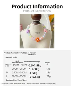 Tableau des tailles détaillé pour collier floral pour animaux en résine macaron
