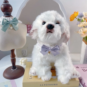 Detailed close-up of pet lace bow collar with pearls on a cute plush dog model