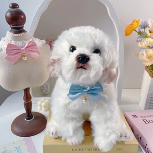 Detail of pink and blue lace pet collars with pearls on a plush dog model and stand