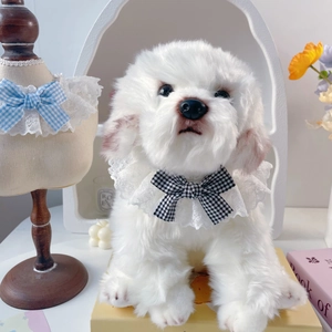 Detail of plush pet collar featuring delicate white lace and classic black-white plaid bow