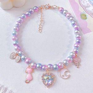 Sweet Iridescent Artificial Pearl Pet Necklace With Heart Moon Star Cat Charms Adjustable Beaded Collar For Cats Dogs Photo Prop Jewelry