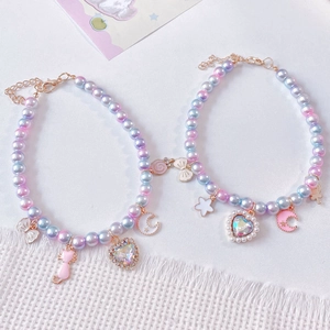 Colorful pearl pet necklace with pink cat charm and heart crystal for cats and dogs