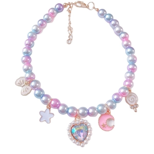 Iridescent pearl cat collar with heart charm and colorful star pendants for small pets