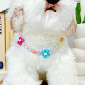 Collier pour animaux en perles macaron colorées avec breloque fleur sur un chien blanc