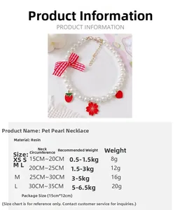 Size chart for pet pearl necklace showing XS to L dimensions and weight recommendations