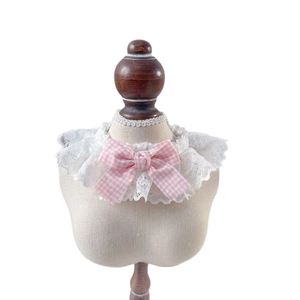 Adjustable white lace pet collar with a cute pink checkered bow for small cats and dogs