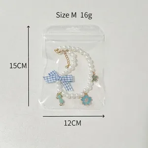 Blue bow pearl pet necklace with flower and cat charms for dogs and cats, size M 15CM