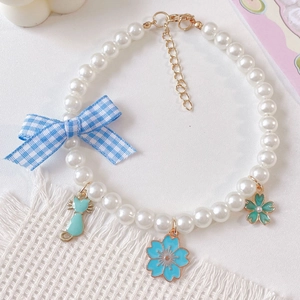 Floral pet pearl necklace with blue checkered bow and kitty pendants for cats and dogs
