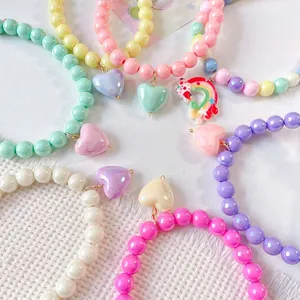 Sweet Princess Style Candy Color Pet Beaded Necklace With Heart Rainbow Pendant Adjustable Chain For Cats Small Dogs Dolls