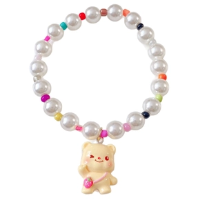 Cute pet necklace with colorful pearls and a cream bear charm decorated with strawberry bag