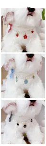 Detailed tile display of pearl pet collars with checkered bows and cute fruit charms