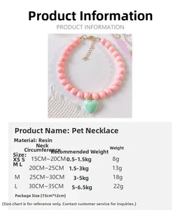 Size chart for colorful candy-colored pet heart necklaces showing resin material and dimensions