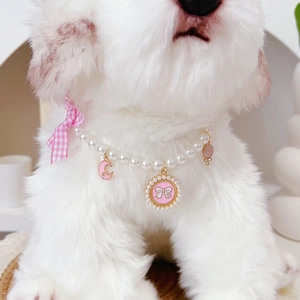Pink bow and pearl pet necklace with flower charms for cats and small dogs