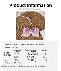 Detailed pet collar size chart for cartoon bow tie accessories in S, M, and L sizes
