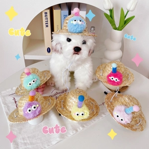 Cute Pet Straw Hat With Colorful Plush Monster Eyes Cartoon Sun Protection Summer Outdoor Hat For Small Dogs Cats