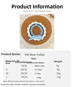 Size guide for hand-knitted pet bow collar with lace wave design and dimensions