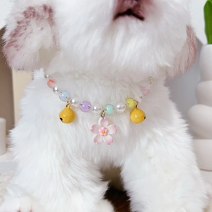 Sweet pet pearl necklace with colorful beads, pink cherry blossom charm and gold bells