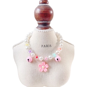 Sweet pearl pet necklace with pink flower pendant and bells for small dogs and cats