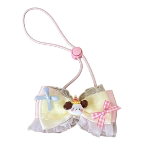 Adjustable cute pet bow collar with pastel lace layers and a cartoon dog charm