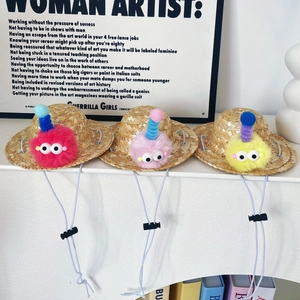 Detailed view of handmade pet straw hats with colorful plush monster decor and straps