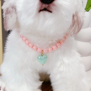 Close-up of pink pearl pet necklace with green heart pendant on a white dog's neck