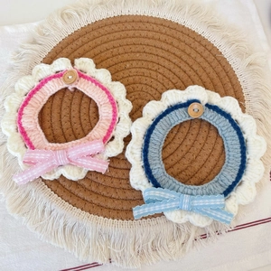 Handmade crochet pet collars with pink and blue lace ruffles and plaid bow tie decor