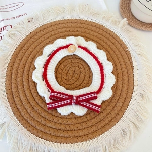 Handmade crochet pet collar with red bow and lace detailing for cats and small dogs