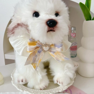 Poupée de chien en peluche blanche avec collier à nœud floral et cœur sur assiette blanche