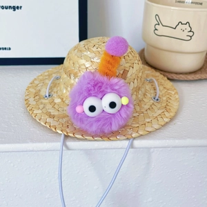 Straw pet hat with colorful pom poms and cute cartoon eyes for small cats and dogs