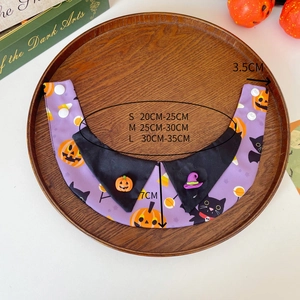 Detailed size guide for Halloween pet collar with pumpkin motifs on purple fabric