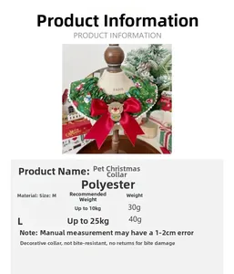 Detailed size chart for Christmas pet collars with polyester fabric and bow tie info