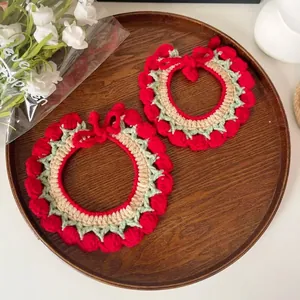 Handmade knitted tulip pet scarf for cats and dogs with adjustable red woven ties