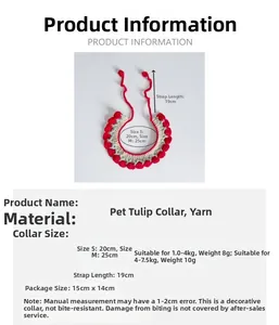 Size chart for hand-knitted tulip pet scarf in red and green with dimensions and weight