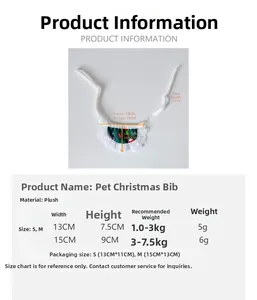 Size chart for pet Christmas bib with festive green plush fabric and white lace trim