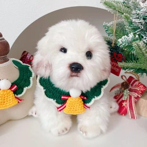 Handmade Crochet Christmas Pet Scarf With Yellow Bell And Bow Scalloped Pet Collar For Small Dogs Cats Puppy Decoration
