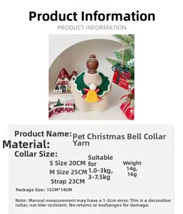 Size chart for green knitted pet Christmas bell collar with red bow and white pompom