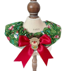 Christmas pet collar with green festive print, red satin bow and reindeer charm