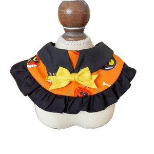 Halloween pet bib with orange pumpkin pattern, black ruffles and yellow bow for cats