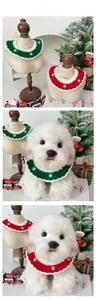 Detail of knitted Christmas pet scarf with snowflake pattern and adjustable ties on a dog
