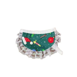 Christmas dog bib with green festive pattern and white lace trim decoration