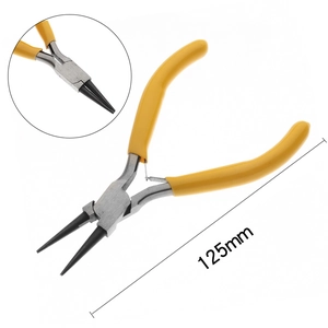 Detail of 125mm round nose pliers for jewelry making with yellow ergonomic handles