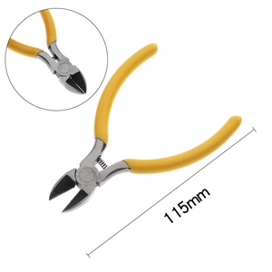 Detail of 115mm yellow mini diagonal cutting pliers with spring-loaded carbon steel head